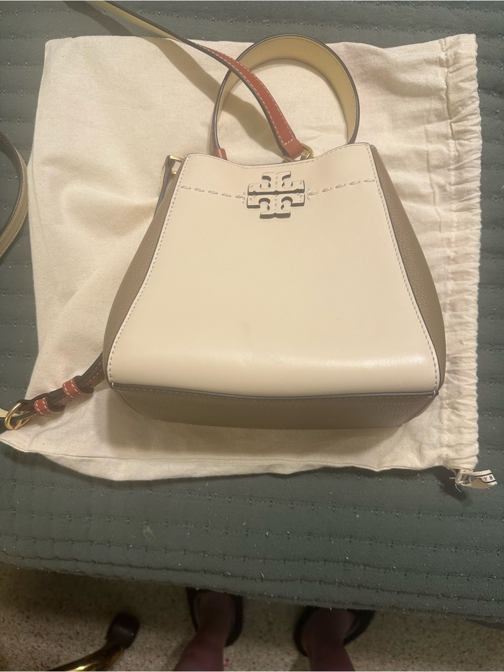 Tory Burch Cream and Taupe Leather Mini Bucket Bag with Brown Strap
